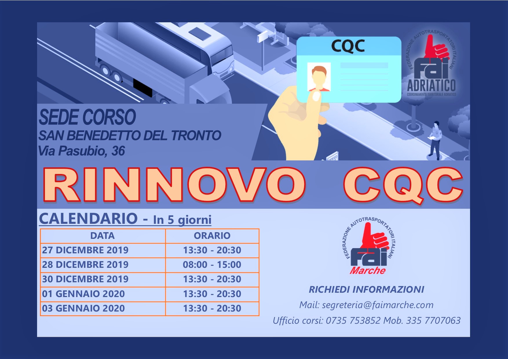 CORSO RINNOVO CQC - INIZIO 27 DICEMBRE 2019 - FAI MARCHE